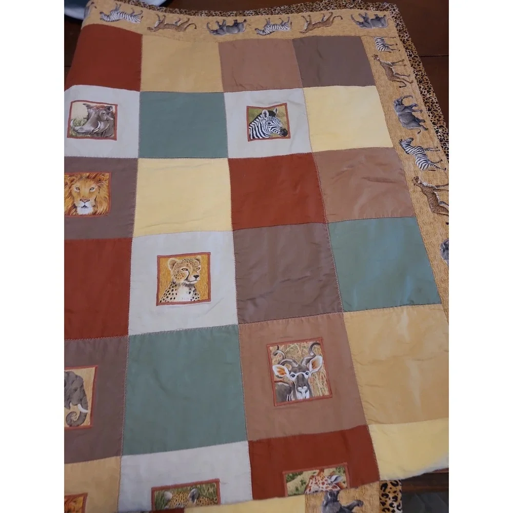 Handmade Quilt African Themed 70x48 Elephants Zebra Lion Cheetah Giraffe